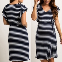 Fashion Short Sleeve V-neck Lace-up Striped Dress for Pregnant Woman