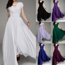 Elegant Solid Color Short Sleeve V-neck High Waist Maxi Dress