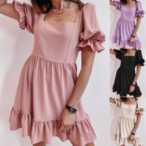 Sweet Style Puff Sleeve Square Collar Ruffle Hem Solid Color Dress