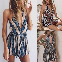 Sexy Off-shoulder Hollow Out High Waist Printed Halter Romper