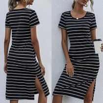 Casual Style Short Sleeve Round Neck Slit Hem Striped Dress