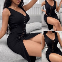 Sexy Lace-up V-neck Slit Hem Sleeveless Solid Color Tight Dress