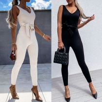 OL Style Sleeveless V-neck High Waist Solid Color Slim Fit Jumpsuit