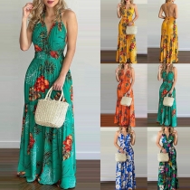 Sexy Backless V-neck High Waist Halter Printed Maxi Dress