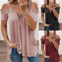 Sexy Off-shoulder Short Sleeve Lace Spliced Sling Loose Top