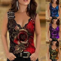 Sexy Lace Spliced V-neck Sleeveless Rose Printed Tank Top