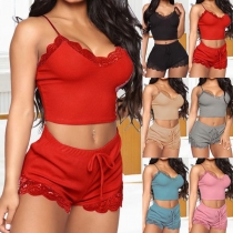 Sexy Backless V-neck Lace Spliced Sling Top + Shorts Lingerie Set