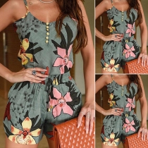 Sexy Backless V-neck Sling Printed Top + High Waist Shorts Two-piece Set