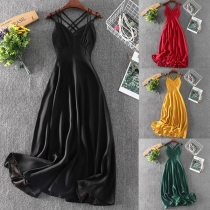 Sexy Crossover Backless V-neck High Waist Solid Color Sling Maxi Dress