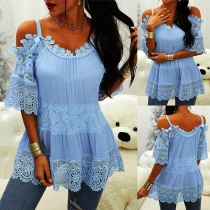 Sexy Off-shoulder Lace Spliced Short Sleeve Solid Color Sling Top