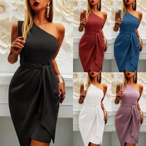 Sexy One-shoulder Sleeveless Solid Color Irregular Hem Slim Fit Party Dress