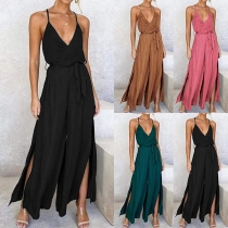 Sexy Backless V-neck Slit Hem Solid Color Sling jumpsuit