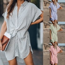 Chic Style Short Sleeve POLO Collar Twisted Stripe Dress