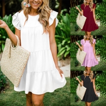 Sweet Style Ruffle Cuffl Round Neck Solid Color Loose Dress