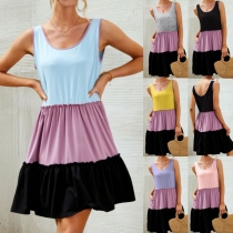 Fashion Contrast Color Sleeveless Round Neck Loose Summer Dress