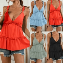 Sexy Backless V-neck Ruffle Hem Solid Color Sling Top