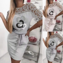 Sexy Hollow Out Lace Spliced Short Sleeve Round Neck Heart Printed Dress