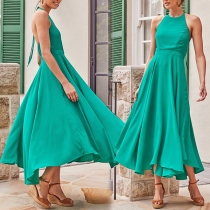 Elegant Solid Color Sleeveless Round Neck High Waist Dress