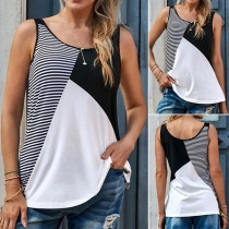Casual Style Sleeveless Round Neck Contrast Color Stripe T-shirt