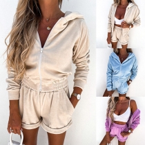 Casual Style Long Sleeve Hooded Sweatshirt + Shorts Two-piece Set