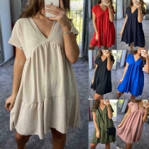 Simple Style Short Sleeve V-neck Solid Color Loose Dress