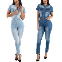 Fashion Short Sleeve POLO Collar High Waist Slim Fit Denim Jumpsuit