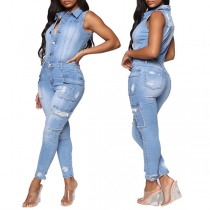 Fashion Sleeveless POLO Collar High Waist Slim Fit Ripped Denim Jumpsuit