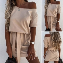 Sexy Oblique Shoulder Short Sleeve Solid Color Dress