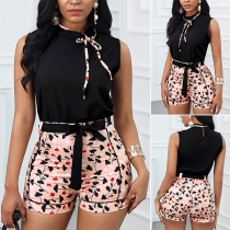 Fashion Sleeveless Lace-up Round Neck Top + High Waist Shorts Two-piece Set