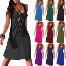 Simple Style Sleeveless Round Neck Solid Color Tank Dress