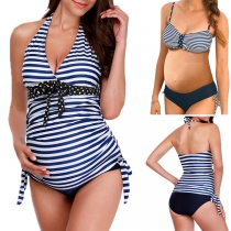 Sexy Backless V-neck Striped Printed Halter Bikini Set for Pregnant Woman