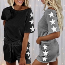 Casual Style Pentagram Printed Short Sleeve T-shirt + Shorts Home-wear Set