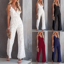 Sexy Backless V-neck High Waist Slim Fit Sling Lace Jumpsuit