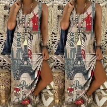 Retro Style Sleeveless V-neck Slit Hem Printed Beach Dress