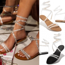 Fashion Rhinestone Inlaid Flat Heel Round Toe Lace-up Sandals