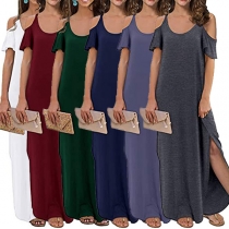 Sexy Off-shoulder Short Sleeve Slit Hem Solid Color Sling Maxi Dress