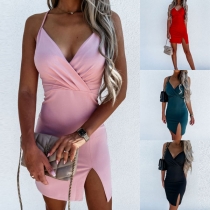 Sexy Backless V-neck Slit Hem Solid Color Slim Fit Sling Dress