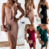 Sexy One-shoulder Slit Hem Solid Color Slim Fit Ruffle Party Dress