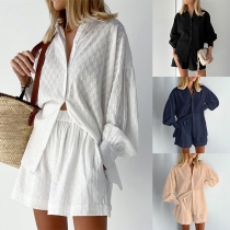 Casual Style 3/4 Sleeve V-neck Top + Shorts Two-piece Set