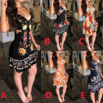 Sexy Backless V-neck Ruffle Hem Side Hollow Out Sling Printed Dress