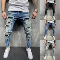 Casual Style Middle Waist Plaid Spliced Ripped Man's Jeans