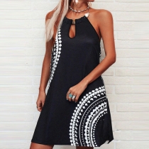 Sexy Off-shoulder Printed Spliced Metal Halter Dress