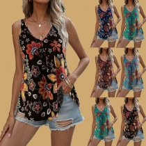 Casual Style Sleeveless V-neck Colorful Printed T-shirt Tank Top