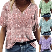 Casual Style Short Sleeve V-neck 3D Printed Loose T-shirt