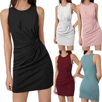 Elegant Solid Color Sleeveless Round Neck Twisted Dress