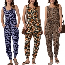 Fashion Sleeveless Round Neck Drawstring Waist Camouflage Printed Jumpsuit