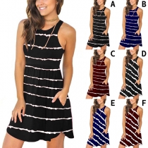 Fashion Sleeveless Round Neck Color Gradient Stripe Dress