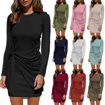 Fashion Solid Color Long Sleeve Round Neck Lace-up Dress