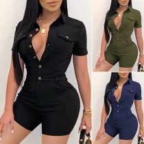 OL Style Long Sleeve POLO Collar High Waist Single-breasted Slim Fit Romper