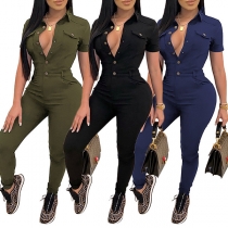 Fashion Short Sleeve POLO Collar Single-breasted High Waist Slim Fit Jumpsuit